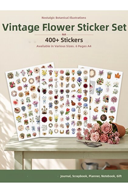 Vintage Floral Sticker Set 424 Pieces 9 Different Sizes Botanical Agenda Scrapbook Journal 6 A4 Sheets