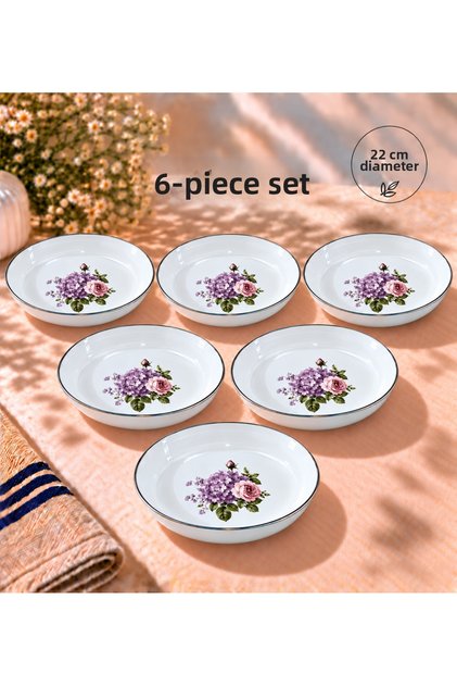 Enamel Custard Plate Patterned 22 cm Food Breakfast Salad Food Plate Bowl Set of 6