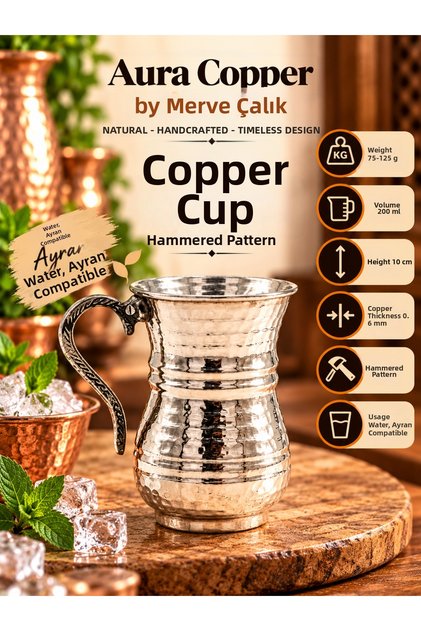 Copper Ayran Bowl and Cup 200 ml with Forged Handle