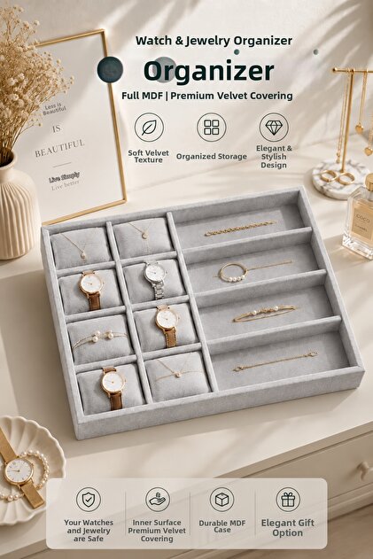 Premium Velvet Watch, Jewelry and Glasses Organizer Gray