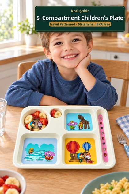 Kral Şakir 5-Compartment Children's Plate Melamine Food Nutrition Plate Bpa-Free Licensed