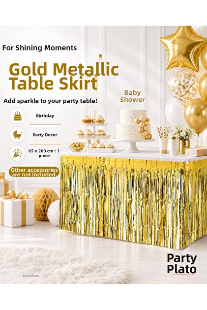 Gold Metallic Table Skirt 65X200 cm with Tassels Birthday Party Table Decoration 1 Piece