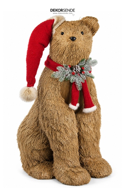 New Year's Eve Natural Wicker Textured Bear Figure Sitting on a Red Hat 90 cm