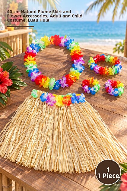 1 Piece Hawaiian Party Set – 40 cm Natural Tassel Skirt and Flower Accessories, Adult Children's Costume, Luau Hula
