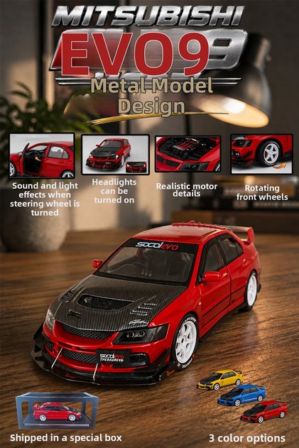 Mitsubishi Evo 9 1:24 Model Car with Sound and Light, Metal Body, Detailed Design, in Special Box