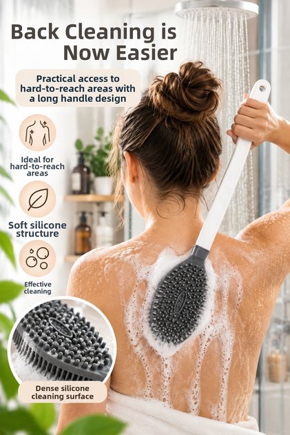 Long Handle Silicone Back Scrubber – Body Cleansing Shower Brush – Ergonomic Handle Bath Brush