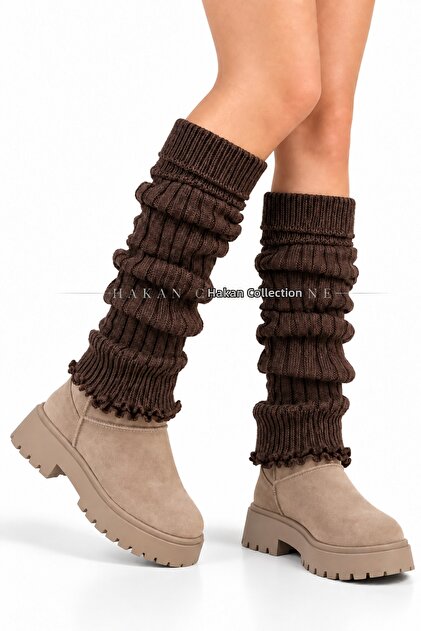 Brown Wool/Acrylic Knitwear Knitted Leg Warmer Foot Warmer Long Gaiter Boot Socks