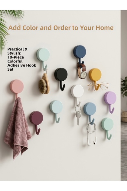Set of 10 Plastic Self-Adhesive Colored Hangers