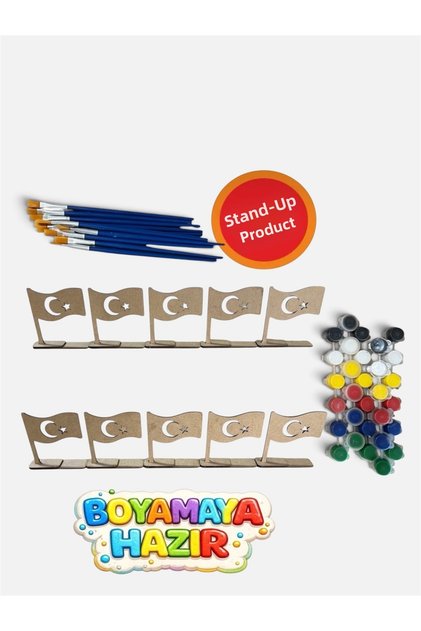 Turkish Flag with Wooden Stand 10 Paintbrushes 10 Turkish Flags