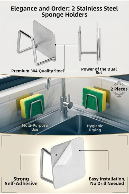 2 Pcs Stainless Steel under Sink Sponge Holder - Self Adhesive Bathroom Kitchen Organizer with 3m Strong Adhesive