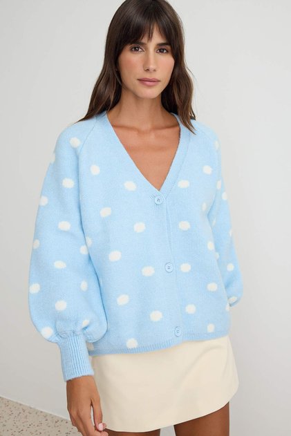 Blue Soft Textured Wool Oversized V-Neck Polka Dot Knitwear Cardigan Twoaw27Hi00159