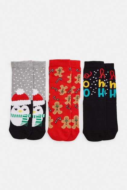Black-Multicolor 3-Piece Cotton Blend Christmas Themed Jacquard Knitted Socks Thmaw27Co00049