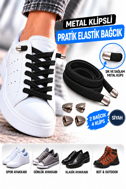 Metal Klipsli Pratik Elastik Ayakkabı Bağcığı 100 Cm ( 1 Çift )