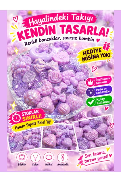 Lila Mor Jelly Charm Boncuk Karışık 30 Adet Figür Plastik Boncuk