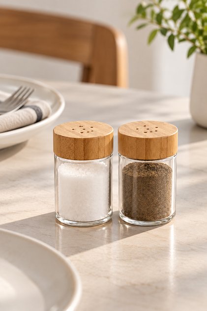 Bambu Kapaklı Borosilikat Cam Tuzluk Biberlik Seti – 4,5 x 7,5 cm