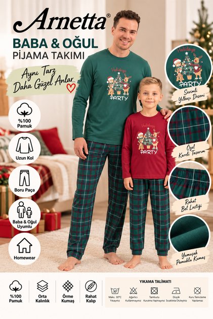 Father Son Matching Printed Crew Neck Long Sleeve Pajama Set
