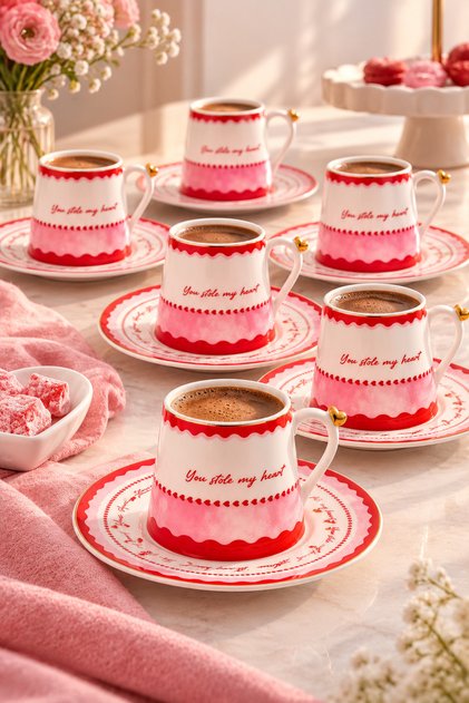 Acar 6 Kişilik Lüks Porselen Kırmızı Love Desenli Kahve Fincan Takımı Seti 100ml