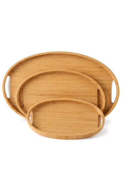 Bamboo Oval 3 Piece Tray Set. Small Tray: 20X29 Cm. Medium Tray: 26X36 Cm. Large Tray: 31X45 cm