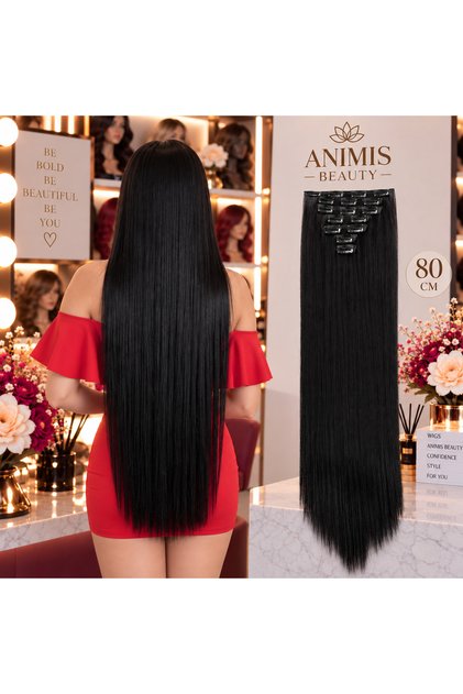 Extensii de păr negre, drepte, 16 cleme, 80 cm, păr lung, din fibră sintetică cu aspect natural
