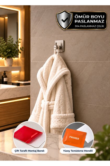 Kare Tekli Modern Banyo Askılık 45 mm | Paslanmaz Çelik | Delmeden Yapışkan Montaj