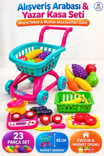 Market Arabası File Meyve Sebzeler 45 cm - Sepetli Kesilebilen Meyve Sebze 2li Set Toplam 23 Parça