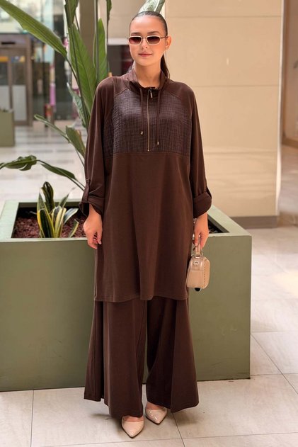 Heddy Wrinkled Fabric Combination Half-Zip Tunic and Trousers Set
