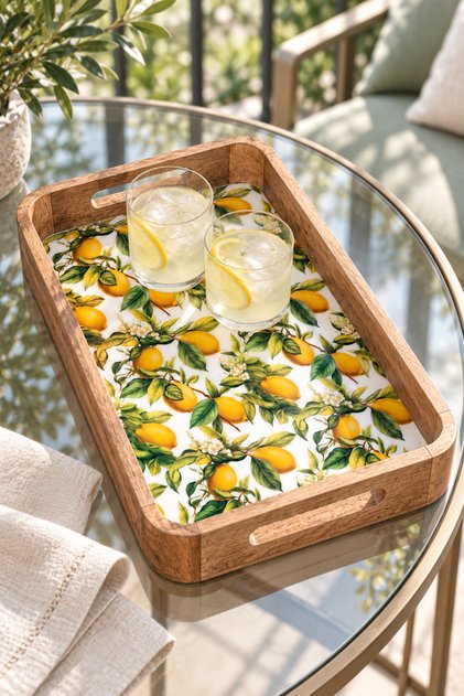 Mango Wood Handle Serving Tray with Enamel Pattern 33X22 cm Rectangular Presentation Tray