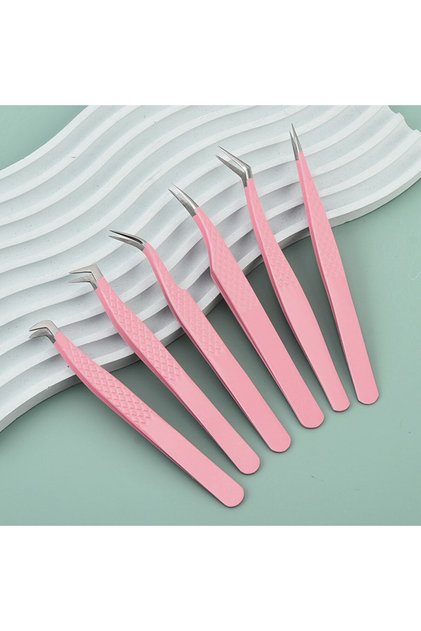 6pcs Set 1pc/2/4/6pcs Tweezers for Eyelash Extension Pink Stainless Steel High Precision Lash Tweeze