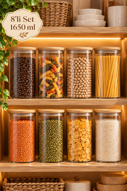 3-4 Bamboo Vacuum Lids Round Borosilicate Glass 8-Piece Jar Set Storage Container 1650ml 10X25Cm