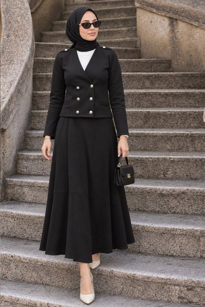 Black Hijab Skirt and Jacket Two-Piece Set 12371S