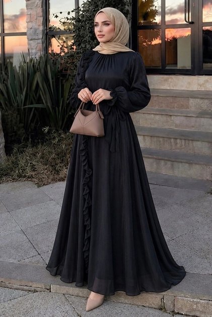 Black Hijab Evening Dress with Ruffle Detail and Tie Collar 79861S