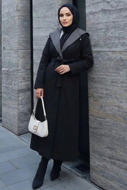 Belted Black Hijab Cap 689S