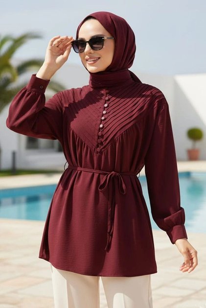 Pile Detaylı Bordo Tesettür Tunik 19302BR