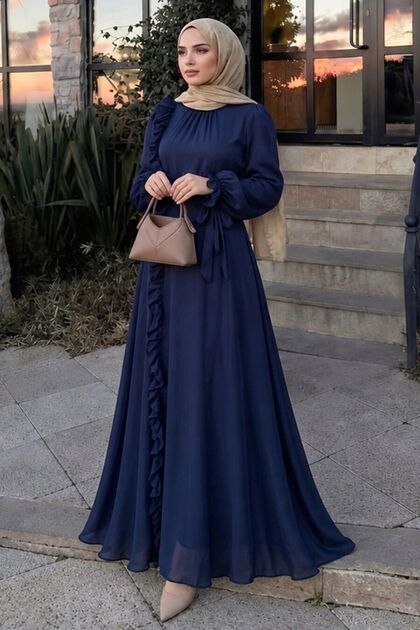 Rochie de seara hijab bleumarin cu guler cu volan detaliat 79861L