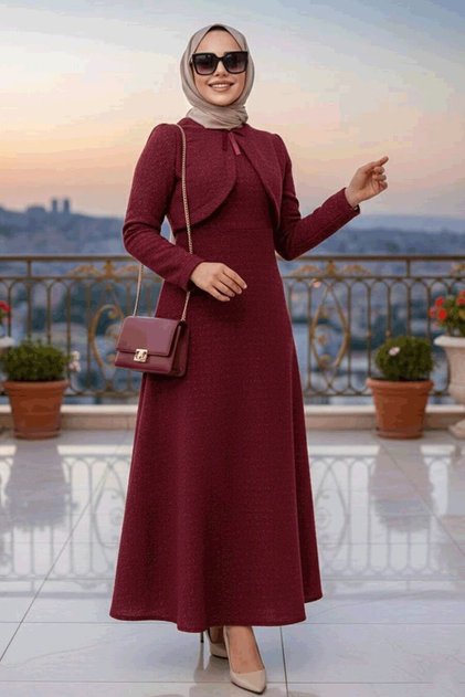 Checkered Burgundy Tweed Hijab Dress 62512Br