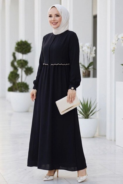 Elegant Black Hijab Dress with Sewing Detail 70141S