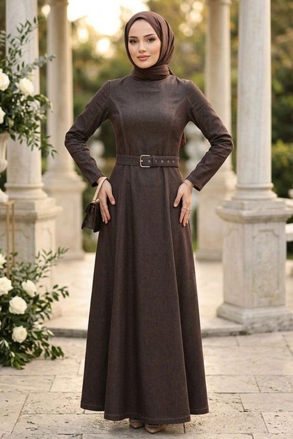 Brown Hijab Denim Dress with Buckle Belt 6283Kh