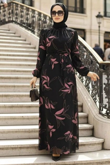 Leaf Patterned Dusty Rose Hijab Dress 279315Gk