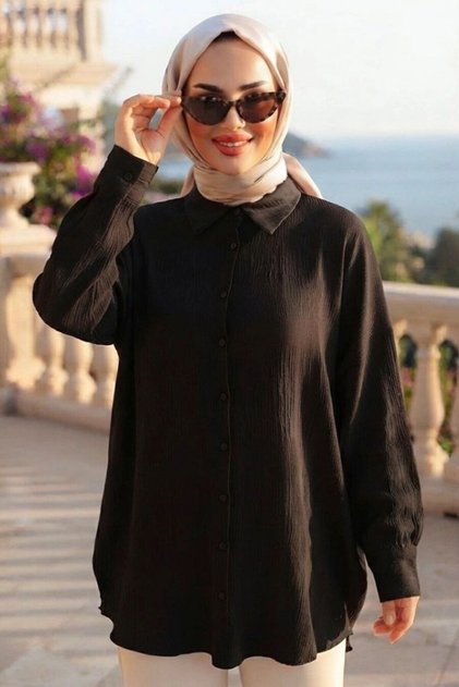Black Strawberry Fabric Hijab Tunic with Buttons on the Front 11025S