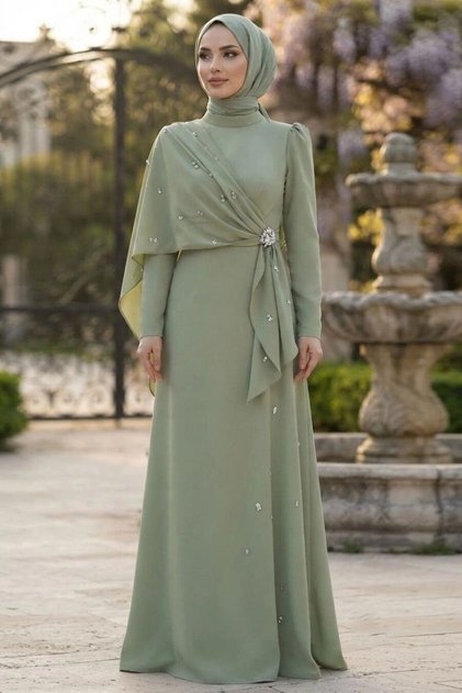 Mint Hijab Evening Dress with Cape Detail 56101Mint