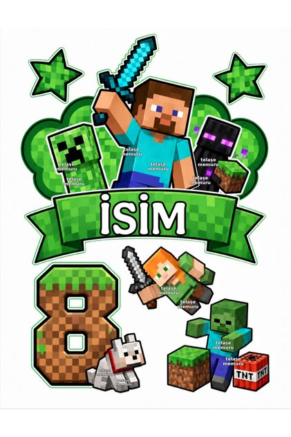İSİMLİ - 8 Yaş Minecraft Pasta Süsü - Pasta Resmi ve Pasta Baskısı- Yenilebilir Kağıt