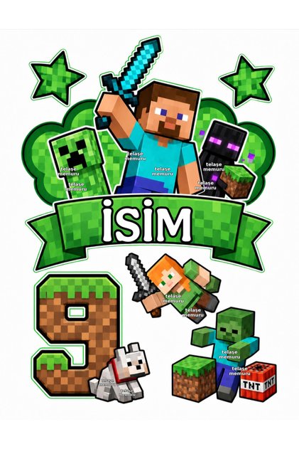 İSİMLİ - 9 Yaş Minecraft Pasta Süsü - Pasta Resmi ve Pasta Baskısı- Yenilebilir Kağıt