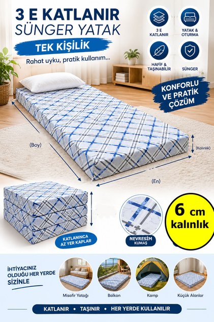 KATLANIR SÜNGER YATAK FARKLI ÖLÇÜ SEÇENEKLİ İŞBİR SÜNGERLİ 6 CM KALINLIK 15 DANSİTE SÜNGER