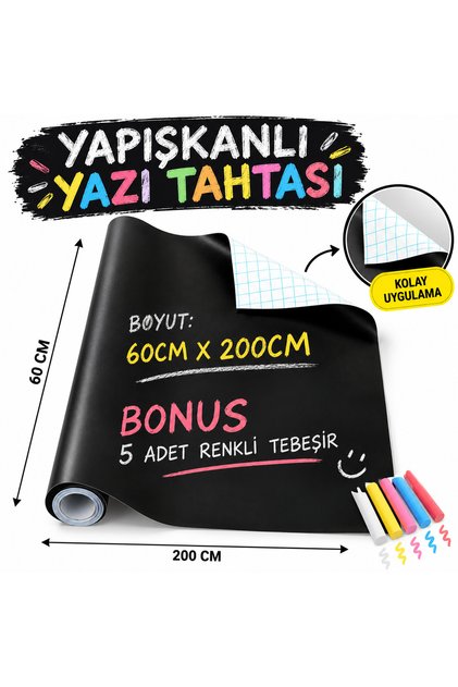Büyük Boy Kendinden Yapışkanlı Yaz Sil Rulo Kara Tahta Sticker Blackboard 60x200cm