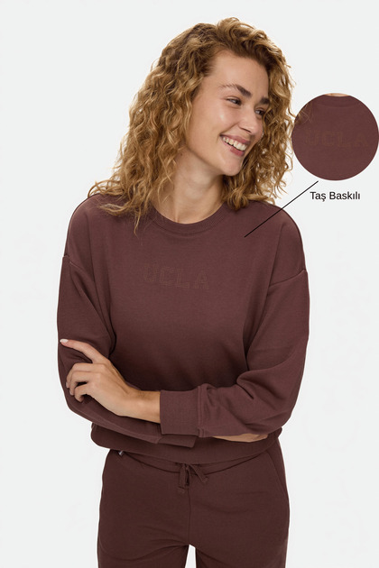 Clarice Dark Brown Crew Neck Cotton Glitter Stone Printed Loose Fit Women's Sweatshirt