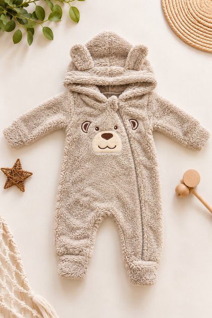Baby Boy Jumpsuit Welsoft Sweet Teddy Bear Embroidered Plush Hooded Zippered Cuffed Winter Jumpsuit 0-12Months