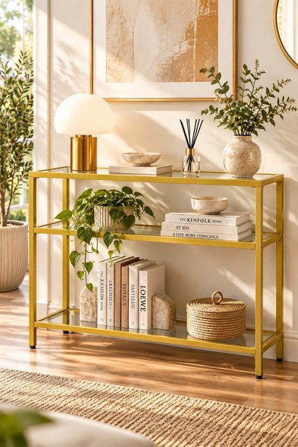 3 Katlı Gold Renk Temper Camlı Dresuar Konsol