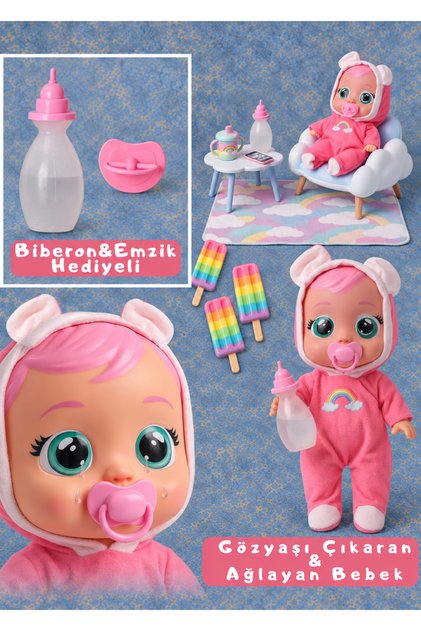 Sweet Baby Gerçek Gözyaşı Döken Oyuncak Bebek - Biberon ve Emzik Hediyeli 25 cm Pembe