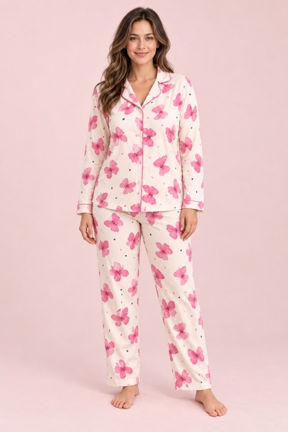 Plus Size Suede Women's Pajama Set Cream Pink Butterfly Patterned