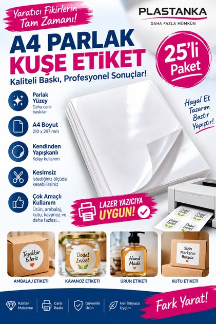 A4 Parlak Kuşe Kendinden Yapışkanlı Etiket Kağıdı 25’li Paket